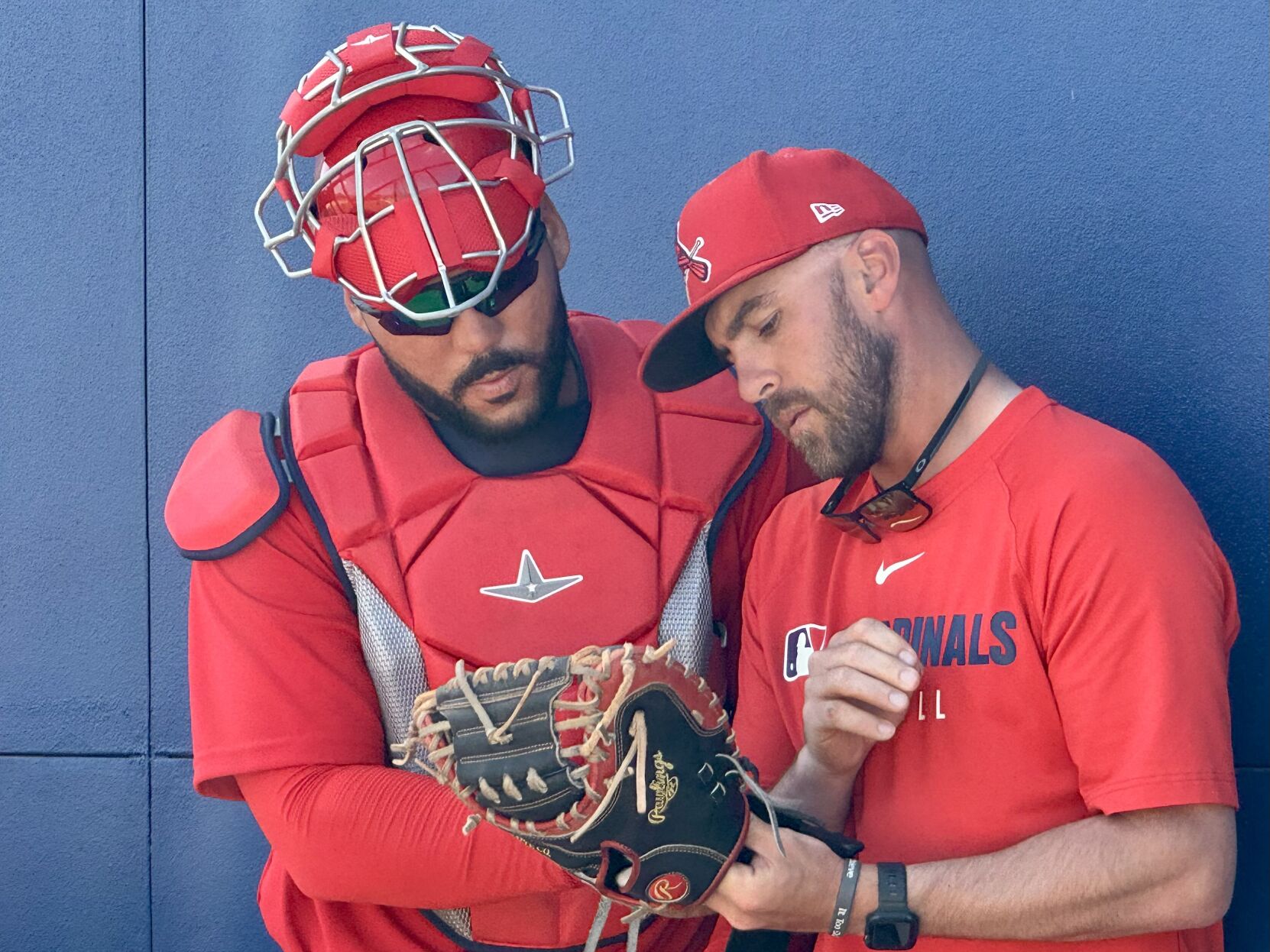Cardinals new minor-league catching coordinator Ethan Goforth with Leonardo Bernal